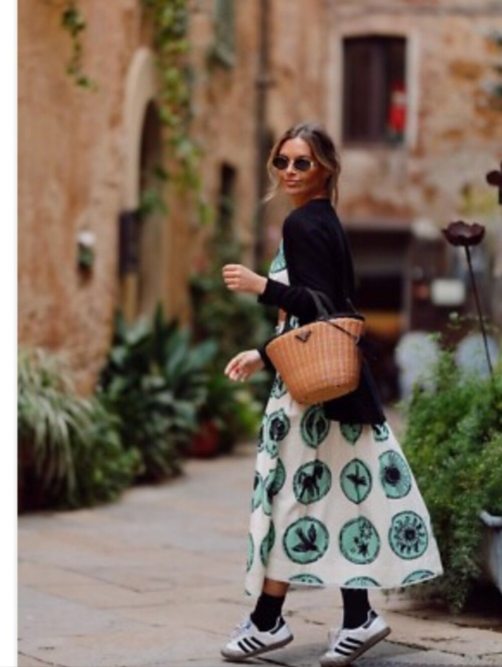 Zara A-line midi skirt with bold mint green circular coin motifs